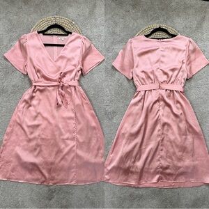 JessaKae Women’s Satin Wrap Dress V-Neck Shortsleeve Waist Tie Blush Pink Size S